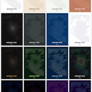 May include: A collection of sixteen rectangular art prints featuring a stylized map of Mount Fuji in various color schemes. Each print includes the text "MOUNT FUJI JAPAN" at the bottom, with backgrounds ranging from white to dark hues.