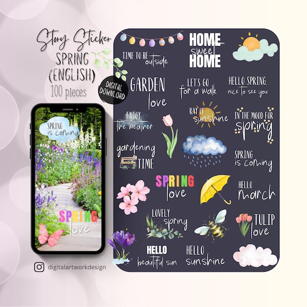 100 Instagram Story Sticker Frühling englisch transparente PNG-Dateien Sprüche Fotos social media dunkelgrau weiß bunt Story-Vorlagen