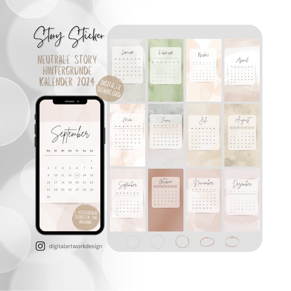 Calendrier Instagram 2024 arrière-plans allemands autocollant d’histoire douce neutre fichiers PNG arrière-plan médias sociaux modèles de modèles de 12 mois