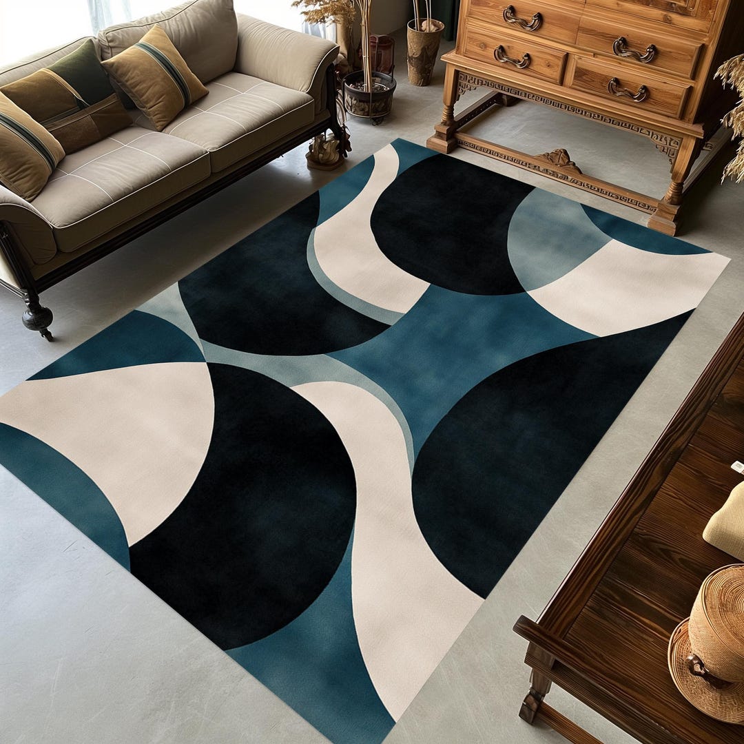 Rust Blue Rug Geometric Pattern Retro Geometric Rug: Abstract Blue Shapes, Minimalist Decor - Etsy