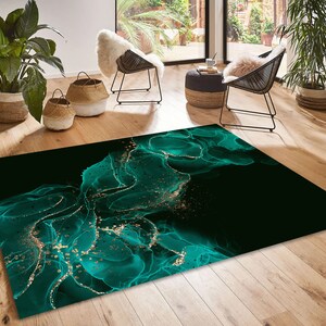 Green and Gold Watercolor Rug: Abstract Marble Ink Design