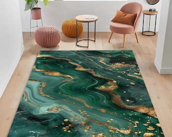 May include: A rectangular area rug featuring a swirling marble-like pattern in shades of deep emerald green, forest green, and teal, accented with metallic gold veins and scattered gold flecks across the entire surface of the floor covering.
