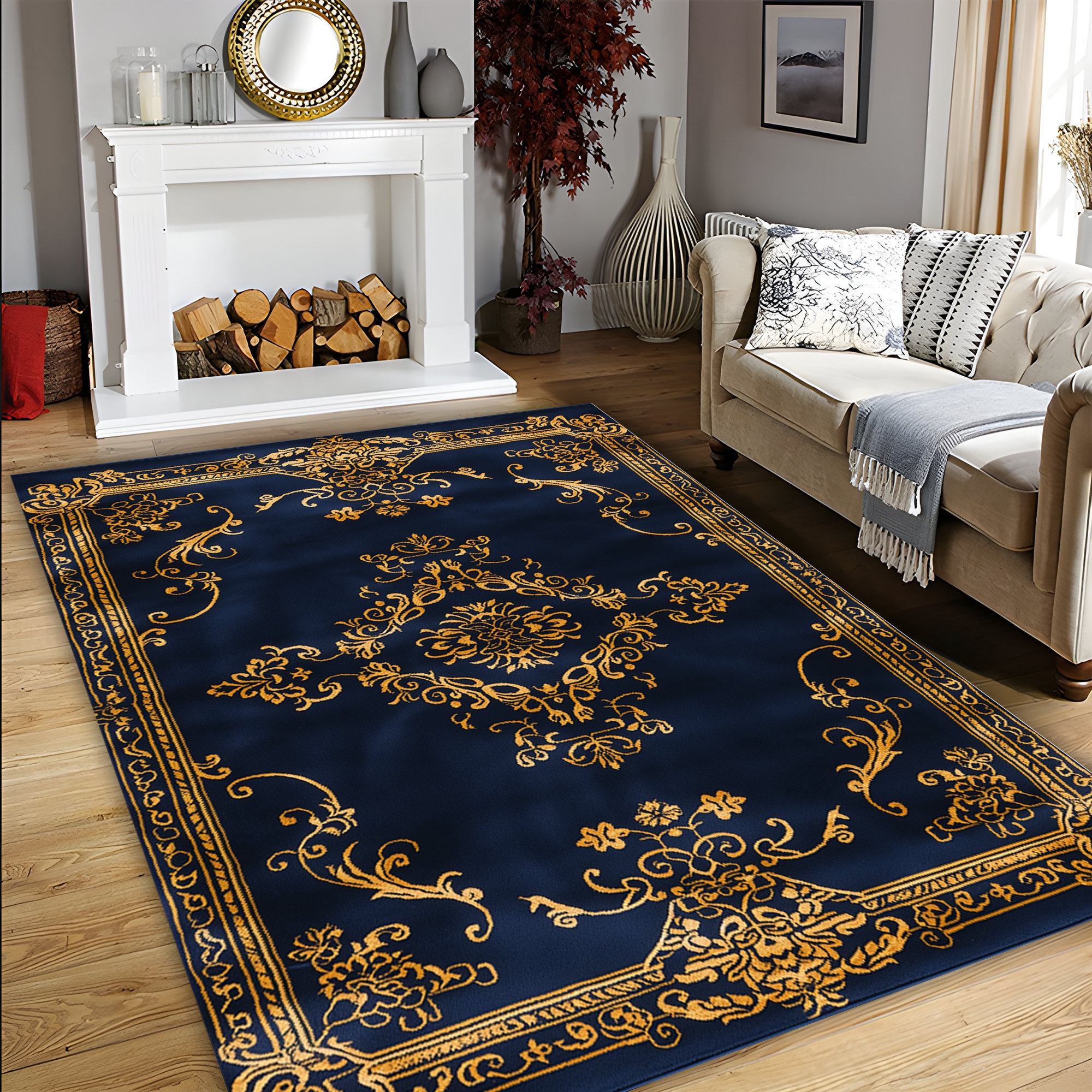 Blue Turkish Rug: Traditional Gold Border Decor Rug - Etsy