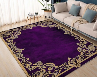 Purple Turkish Rug: Gold Frame, Faded Colors, Living Room Decor