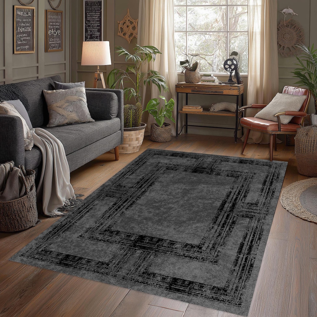 Black Grey Geometric Rug: Distressed Pattern, Living Room Decor - Etsy