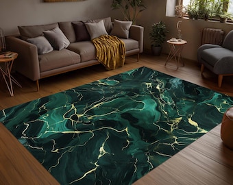 May include: A rectangular area rug featuring a deep emerald green and black marbled pattern with intricate, flowing gold veins throughout the surface. The design mimics the appearance of natural stone with swirling dark tones and metallic accents.