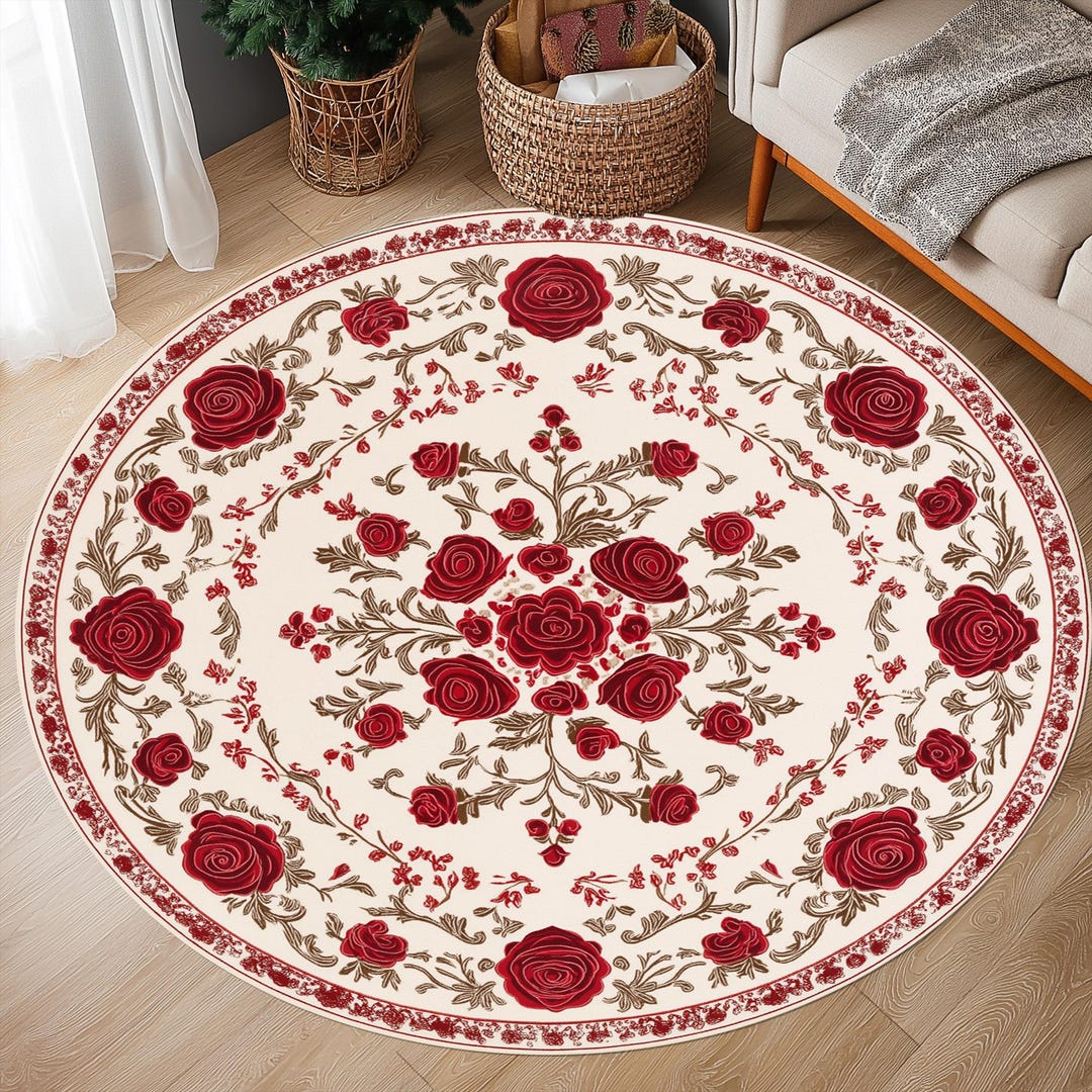Red Rose Round Rug: Floral Living Room Rug - Etsy