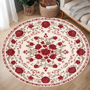 Alfombra redonda con rosas rojas: alfombra floral para sala de estar