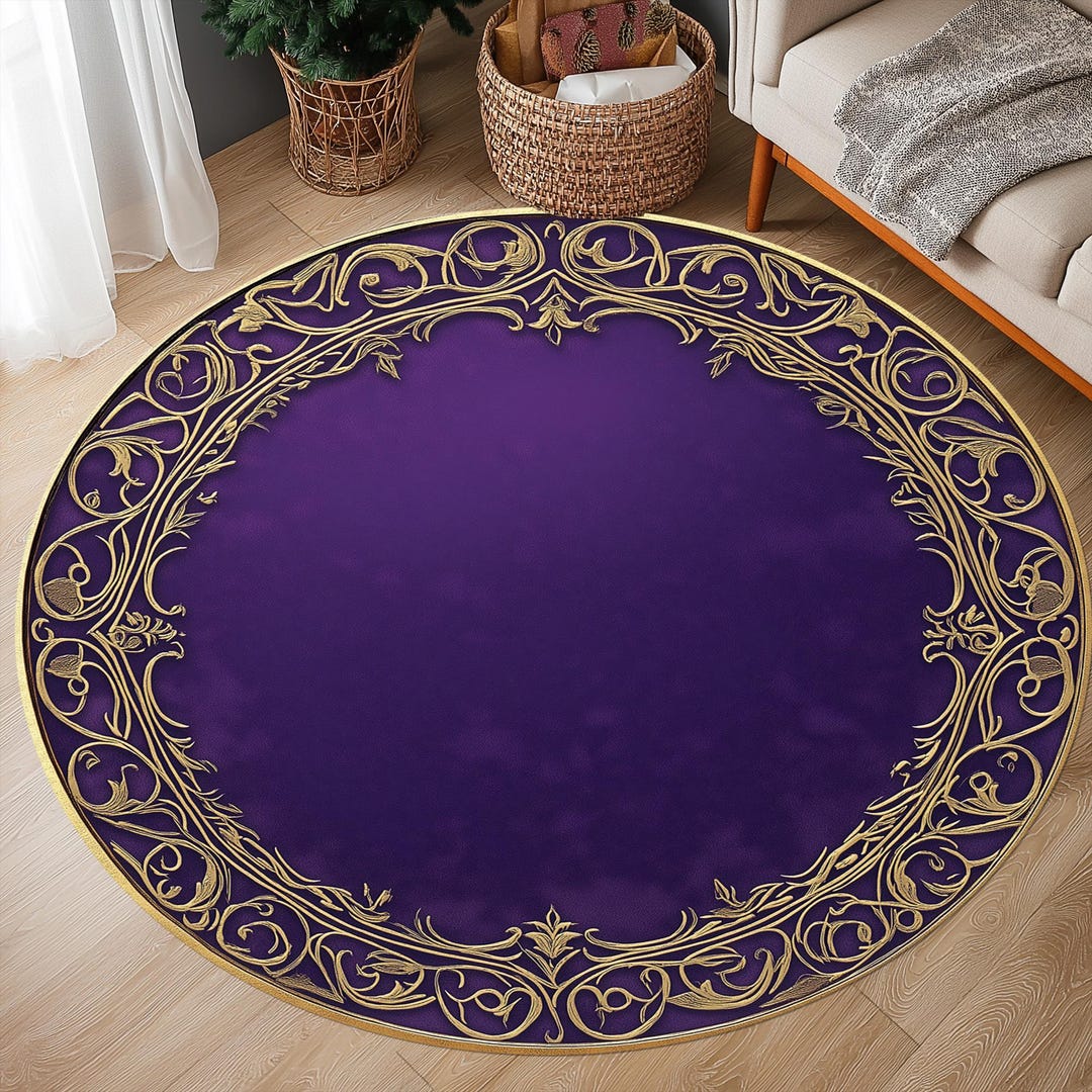 Purple Round Rug: Turkish Style, Gold Border, Faded Colors - Etsy