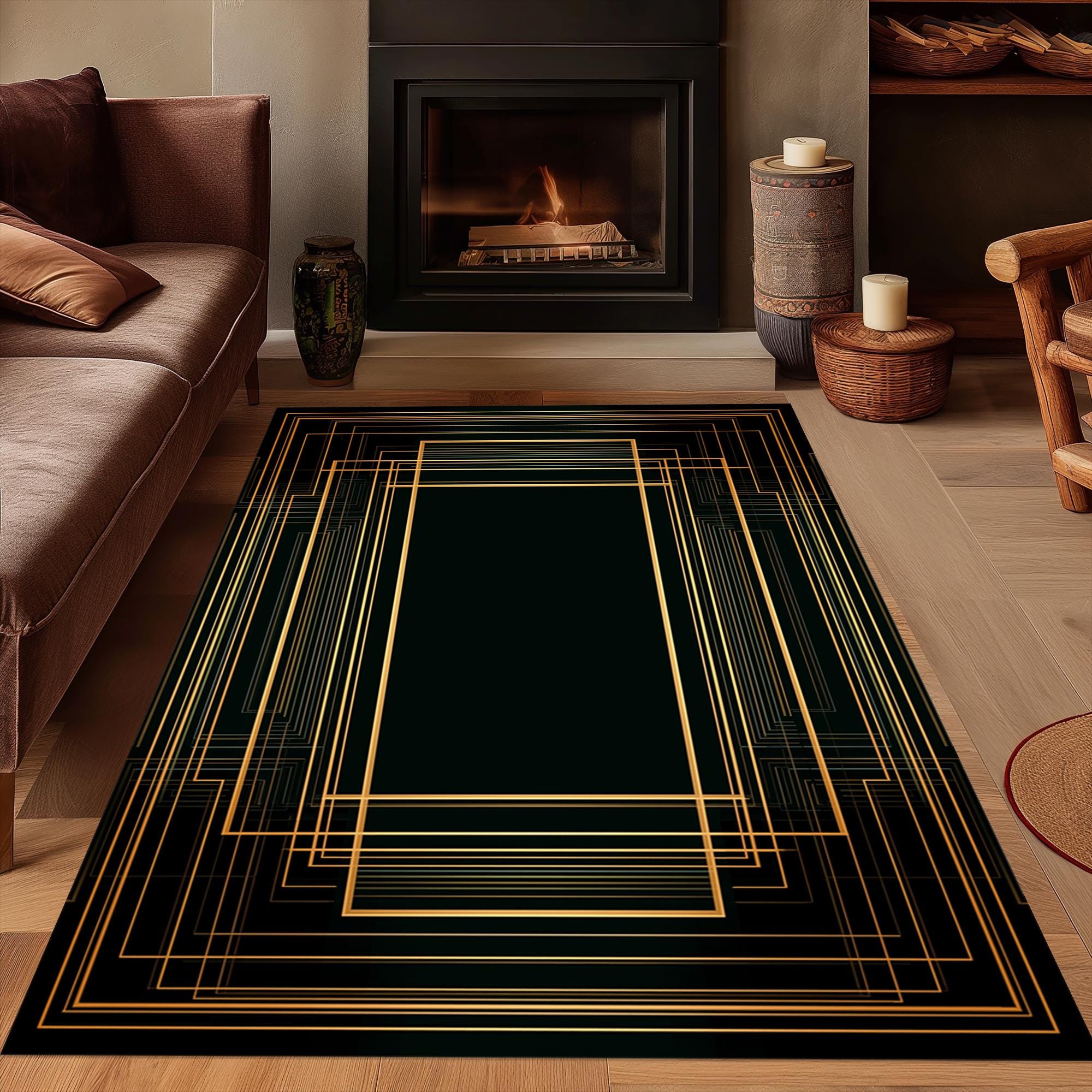 Deco Design Rug Art Deco Rug: Abstract Modern Geometric Design, Striped Border Decor - Etsy