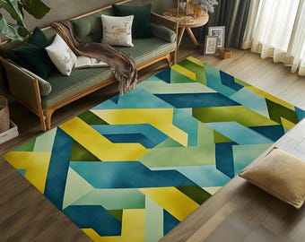 Mid Century Modern Geometric Rug: Washable Velvet Room Decor