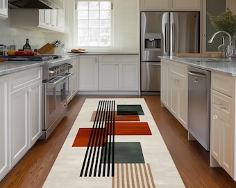 Mid Century Modern Geometric Runner Rug: Abstract Striped Hallway Decor