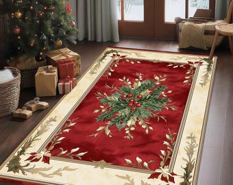 May include: A rectangular area rug featuring a deep red center with a central holly and berry motif. The rug has a wide cream-colored border decorated with green holly leaves and red accents, framing the festive design on the floor.
