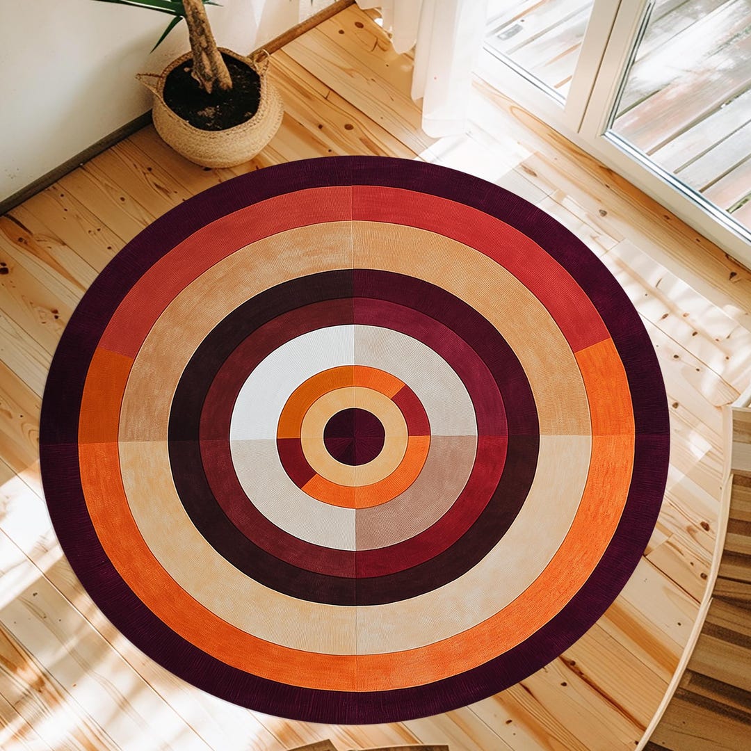Geometric Round Rug: 70s Retro Style, Brown & Orange - Etsy