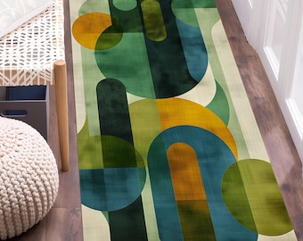 Mid Century Modern Runner Rug: Abstract Geometric 70s Style