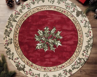 May include: A round Christmas tree skirt featuring a deep red center with a central holly leaf and berry cluster. The border is cream-colored with a repeating pattern of green holly leaves and red berries, finished with a thin gold-toned trim.