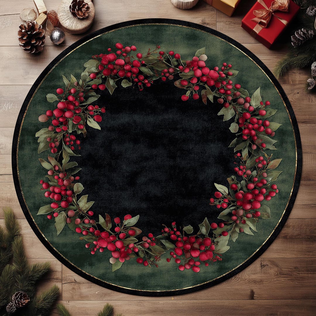 Distressed Holly Berries Christmas Round Rug: Rustic Winter Holiday ...
