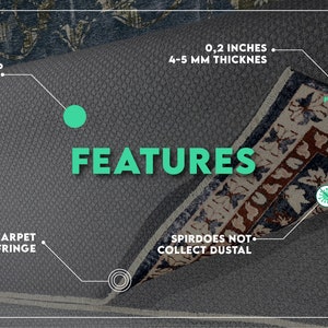 May include: Close-up of a gray rug with the word "FEATURES" in green. The rug has an anti-slip bottom, carpet fringe, and is 0.2 inches (4-5 mm) thick. The rug does not collect dust.