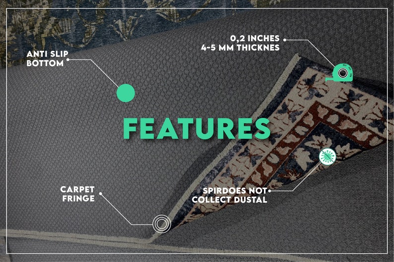 May include: Close-up of a gray rug with the word "FEATURES" in green. The rug has an anti-slip bottom, carpet fringe, and is 0.2 inches (4-5 mm) thick. The rug does not collect dust.