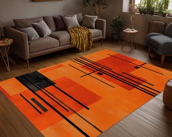 Orange Mid Century Modern Area Rug: Retro Geometric Home Decor