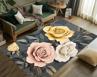 Floral Rose Pattern Rug: Washable Velvet Area Rug