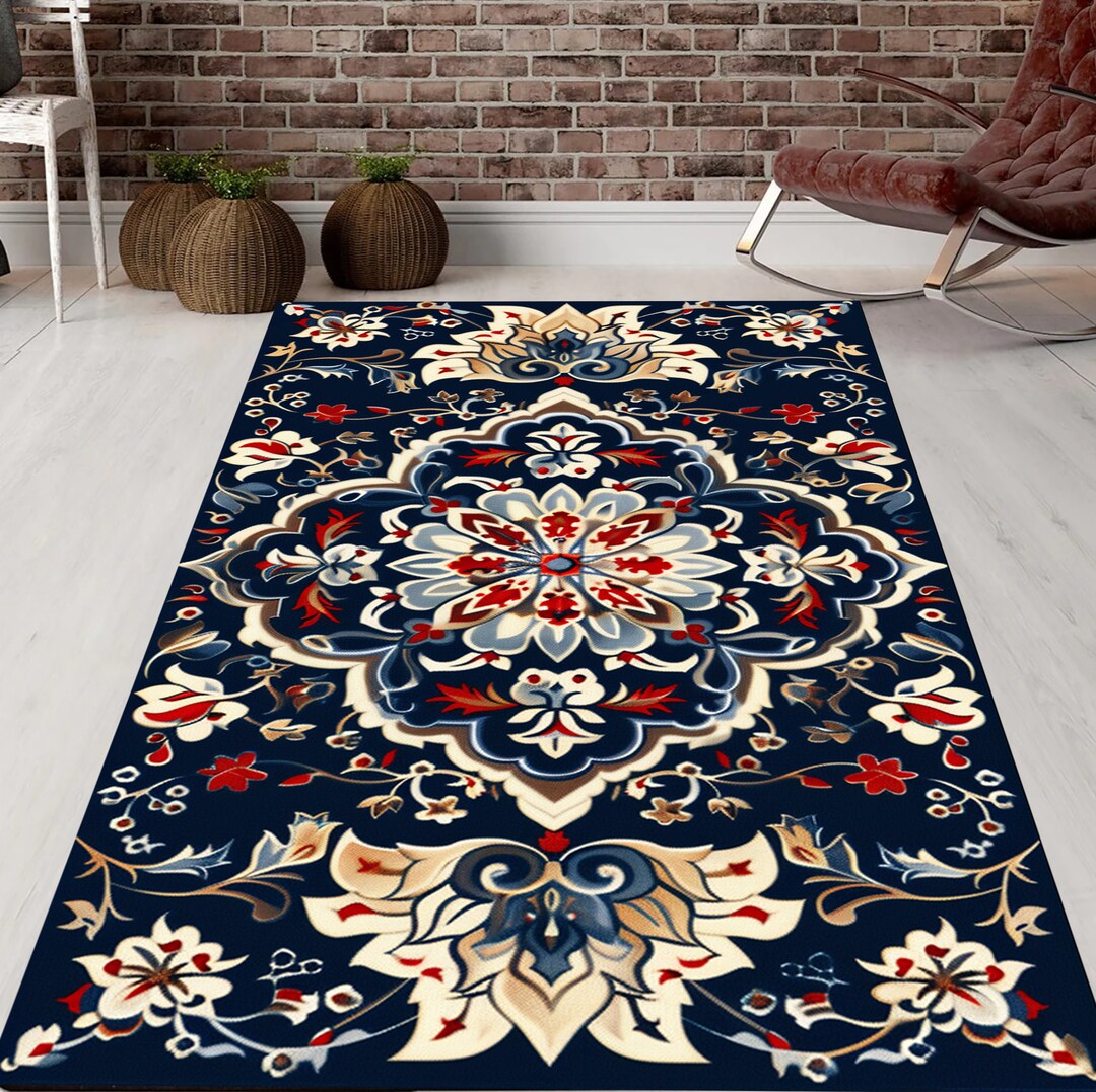 Blue Floral Area Rug: Traditional Flower Pattern, Living Room Decor - Etsy