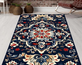 Alfombra de flores, Alfombra con estampado de flores, Alfombra azul, Alfombra floral, Alfombra de sala de estar, Regalo para ella, Alfombra de decoración del hogar, Alfombra tradicional, Alfombra clásica, Alfombra de área