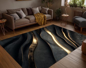 May include: A rectangular area rug featuring a dark charcoal gray surface with flowing, three-dimensional wave patterns. The design incorporates striking, luminous gold accents that follow the curves of the waves, creating a high-contrast effect.