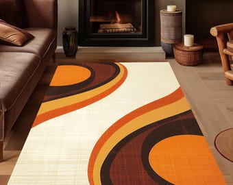 Pode incluir: Um tapete retangular com um padrão repetitivo de grandes semicírculos concêntricos em tons de laranja, amarelo e castanho escuro. O fundo é de cor creme com uma textura subtil de linhas finas cruzadas em todo o design.