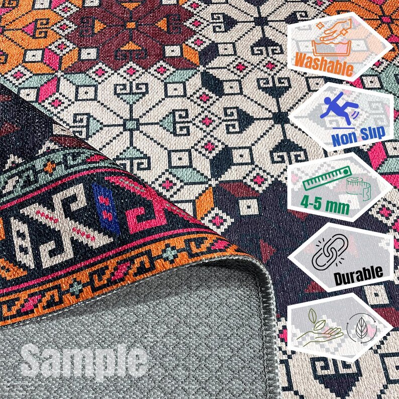 May include: A rectangular area rug featuring a geometric pattern in black, white, orange, teal, and pink. The rug has a gray textured backing and a thickness of 4-5 mm. Icons indicate the rug is washable, non-slip, and durable with eco-friendly features.