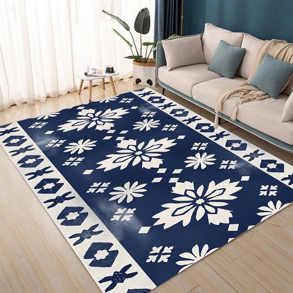 Faded Rug, Blue Rug, Border Rug, Kilim Rug, Kilim Pattern Rug, Flower Rug, Floral Rug, Geometric Rug, Custom Rug, Decor Rug, Gift Rug