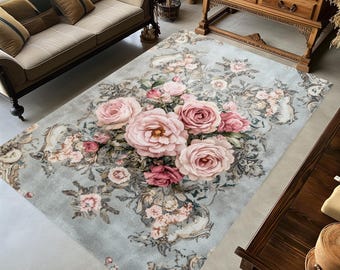 Alfombra floral de rosas rosadas: Alfombra con estampado floral primaveral descolorido