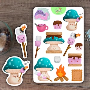 May include: A sheet of colorful stickers featuring illustrations of mushrooms, marshmallows, and s'mores. The stickers are perfect for adding a touch of whimsy to journals, laptops, or water bottles.
