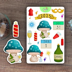 feuille d'autocollants du nouvel an mignons bonne année 2025 feu d'artifice célébration fête du nouvel an réveillon du nouvel an champignon kawaii