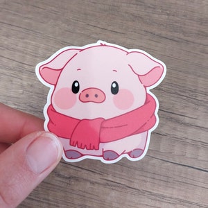 Niedlicher Schweinchen-Aufkleber, Vinyl-Ferkel, Kawaii-Laptop-Aufkleber, Wasserflasche, wasserfest, Schweinchen-Aufkleber, einteiliger Aufkleber, süßes Tier mit Schal