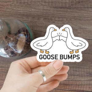 May include: White sticker with two cartoon geese facing each other and giving a high five. The text "GOOSE BUMPS" is below the geese.