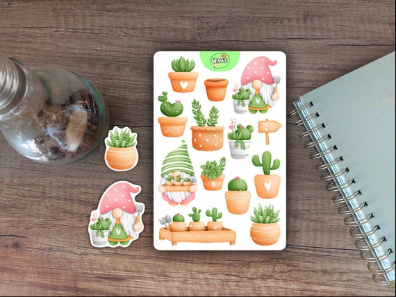cute cactus stickersheet gnome stickers succulent vinyl bullet journal stickers for planner journaling sticker sheet cactus gnome