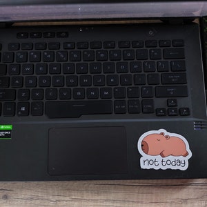 Puede incluir: Un ordenador port&aacute;til negro con una pegatina de un animal de dibujos animados con el texto "not today" en &eacute;l.