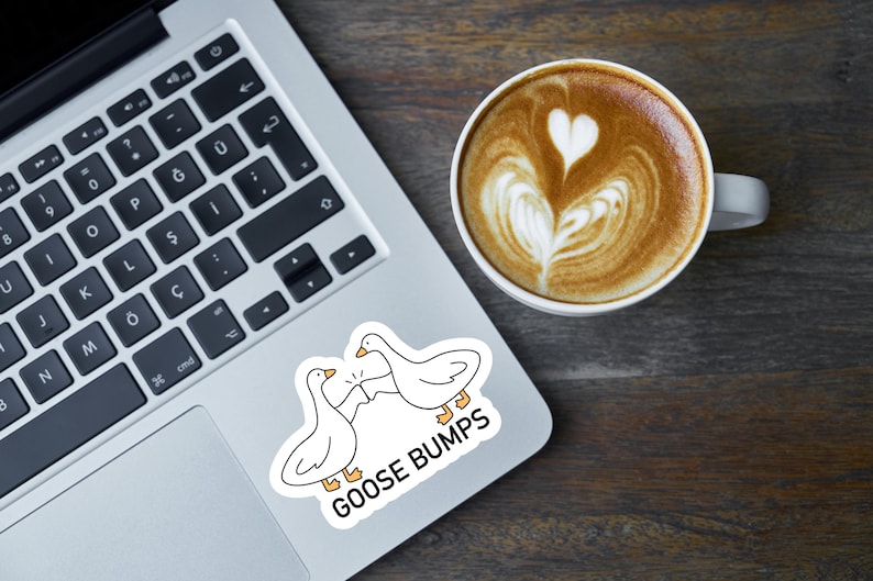 Pu&ograve; includere: Un laptop bianco con un adesivo di due oche di cartone animato che si danno il cinque con il testo "GOOSE BUMPS" sull'adesivo. Una tazza di caff&egrave; con latte art &egrave; sul tavolo accanto al laptop.