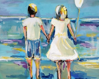 Beach Couple Oil Painting: Modern Anniversary Art (23.6/31.5 in)