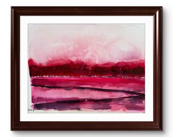 Original Watercolor Seascape, Moody Pink Magenta Rose Landscape Art (11x15 inches)