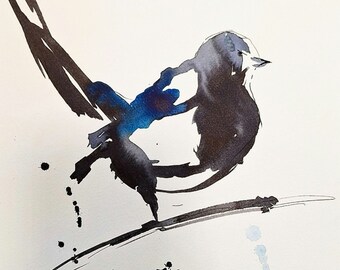 Bird ink art Colorful Watercolor Painting on Cotton Paper - Single Painting black white artwork original wall art