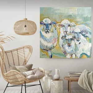 sheep painting, large size 35.5/35.5  single source I painted on canvas, and it comes stretched on a wooden beam ready to hang on the wall