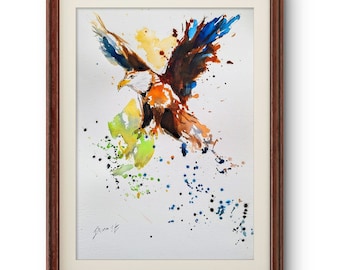 Eagle Watercolor Painting, Original Colorful Bird Art, 11x14"