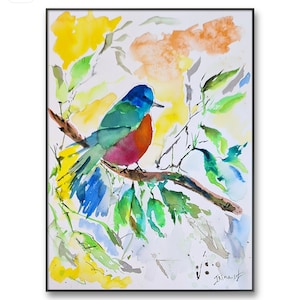 Bird Original Watercolors Painting, Bird Decor Art Birds Lover Watercolor Gift Colorful size 11/15 inches on Cotton Paper Single Painting
