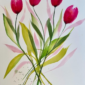 Rosa Tulpen bunte Aquarellmalerei auf Baumwollpapier - Einzelbild
