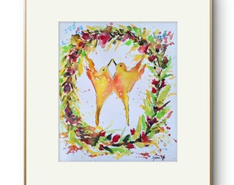 Hummingbirds Watercolor Painting: Original Bird Art (9x10.6" Cotton Paper)