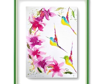 hummingbird wall art 11/15" inchs original colorful watercolor painting, bird lovers