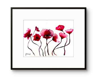 Poppy wall art Original watercolor  paintings on 11/15 inch cotton paper