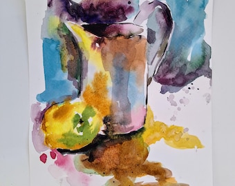 A still life painting in an expressive watercolor style original painting